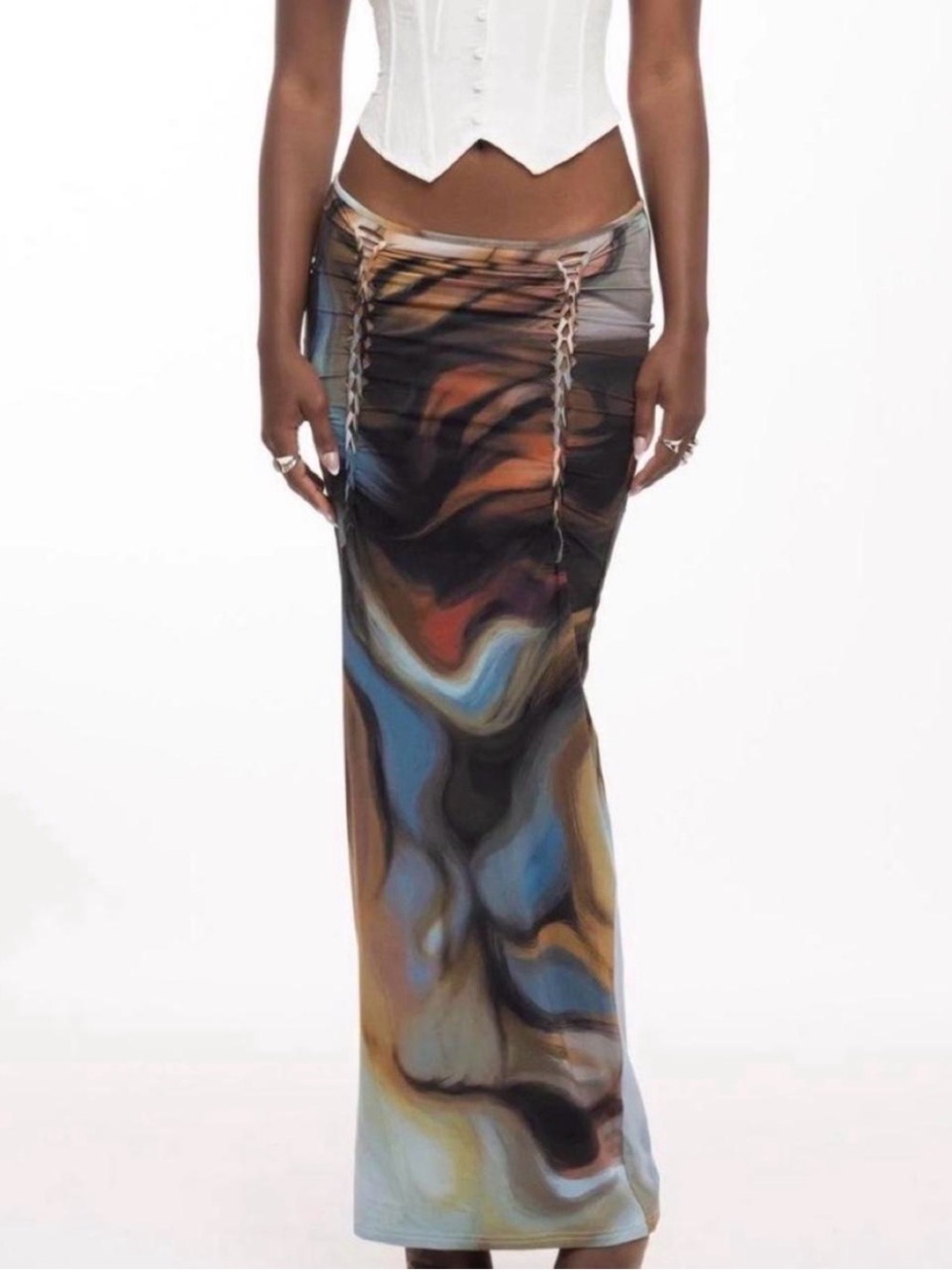 Lace-Up Marble Print Maxi Skirt in Multicolor